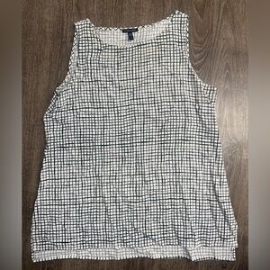 Eileen Fisher Grid Print Tank Top White Black Sleeveless Lyocell L